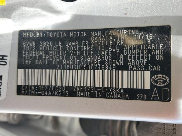 2T1BURHE5HC746849 - 2017 TOYOTA COROLLA L SILVER photo 13