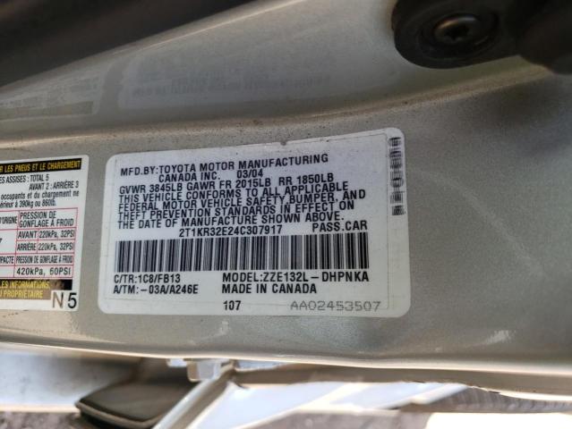 2T1KR32E24C307917 - 2004 TOYOTA COROLLA MA XR SILVER photo 12