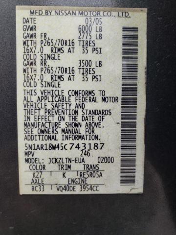 5N1AR18W45C743187 - 2005 NISSAN PATHFINDER LE GRAY photo 12