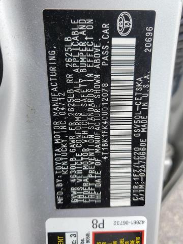 4T1BK1FK4CU012078 - 2012 TOYOTA CAMRY SE Күміс фото 13