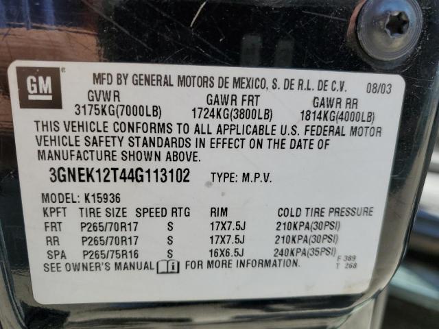 3GNEK12T44G113102 - 2004 CHEVROLET AVALANCHE K1500 BLACK photo 12