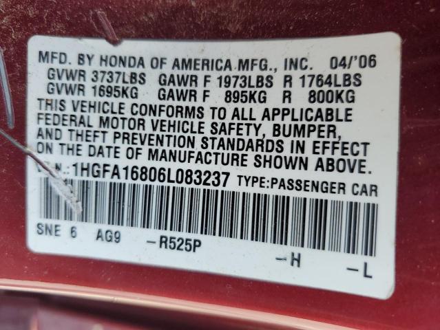 1HGFA16806L083237 - 2006 HONDA CIVIC EX RED photo 13
