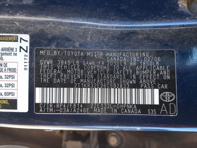 2T1KR32E26C592833 - 2006 TOYOTA COROLLA MA XR BLUE photo 10