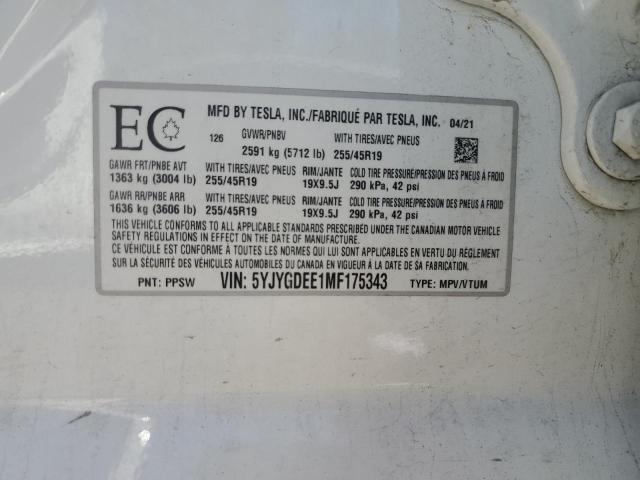 5YJYGDEE1MF175343 - 2021 TESLA MODEL Y 白色 照片 13