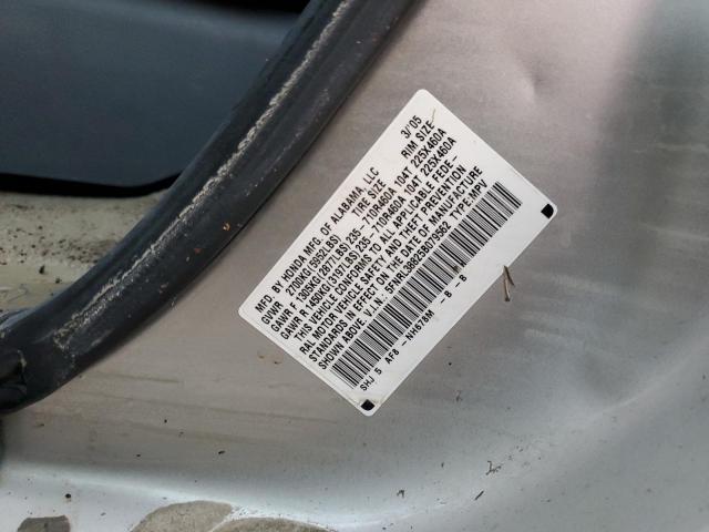 5FNRL38825B079562 - 2005 HONDA ODYSSEY TOURING SILVER photo 10