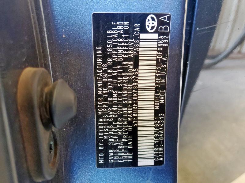 5YFBURHE6KP892765 - 2019 TOYOTA COROLLA L GRAY photo 12