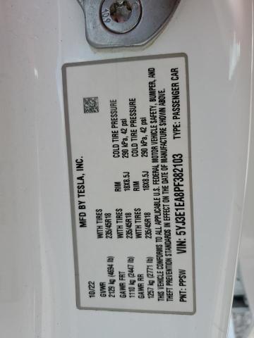 5YJ3E1EA8PF382103 - 2023 TESLA MODEL 3 WHITE photo 12