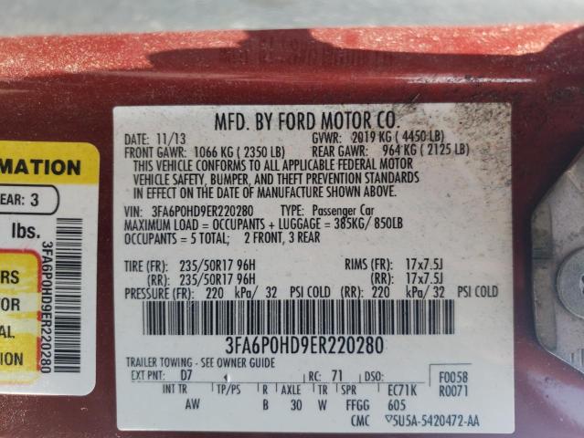 3FA6P0HD9ER220280 - 2014 FORD FUSION SE RED photo 13