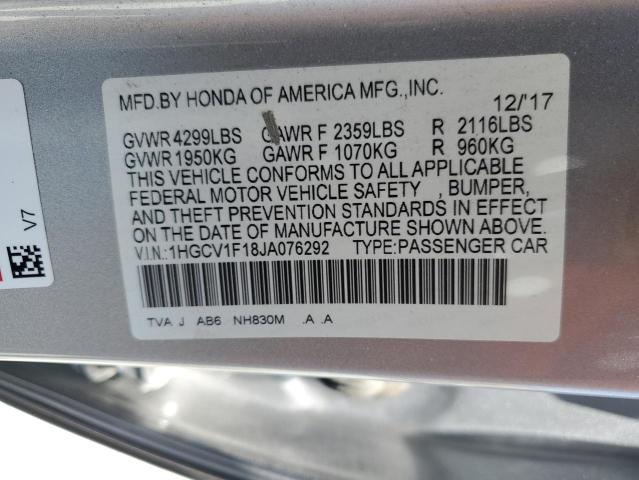 1HGCV1F18JA076292 - 2018 HONDA ACCORD LX ვერცხლისფერი ფოტო 12