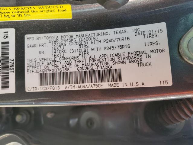 5TFJU4GN7FX076168 - 2015 TOYOTA TACOMA DOUBLE CAB PRERUNNER GRAY photo 12