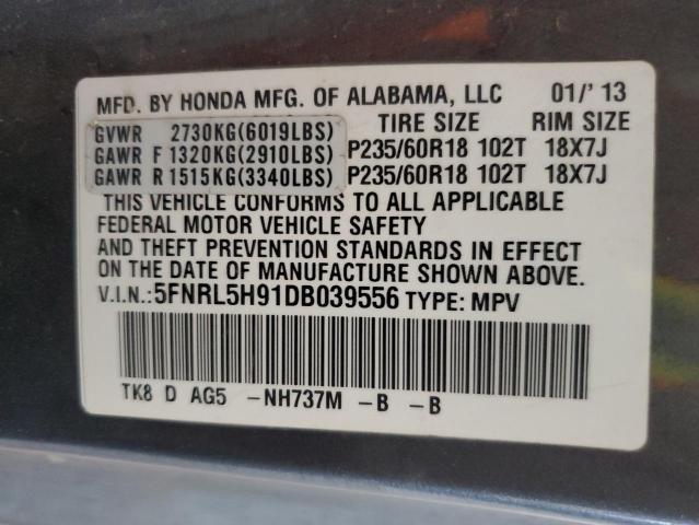 5FNRL5H91DB039556 - 2013 HONDA ODYSSEY TOURING GRAY photo 13