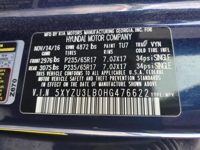 5XYZU3LB0HG476622 - 2017 HYUNDAI SANTA FE S BLUE photo 13