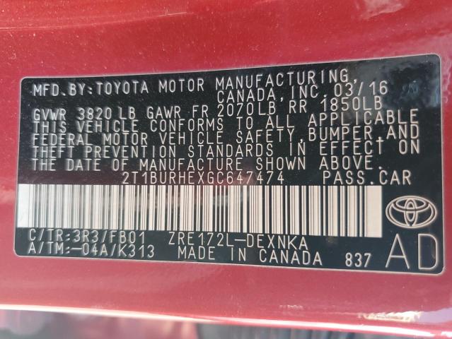 2T1BURHEXGC647474 - 2016 TOYOTA COROLLA L 红色 照片 13