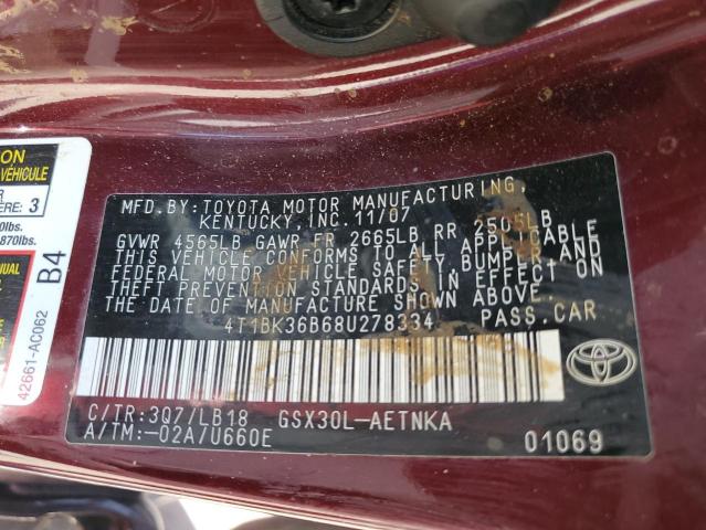 4T1BK36B68U278334 - 2008 TOYOTA AVALON XL/ XL BURGUNDY photo 12