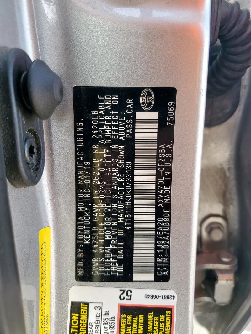 4T1B11HK0KU733139 - 2019 TOYOTA CAMRY L ვერცხლისფერი ფოტო 13