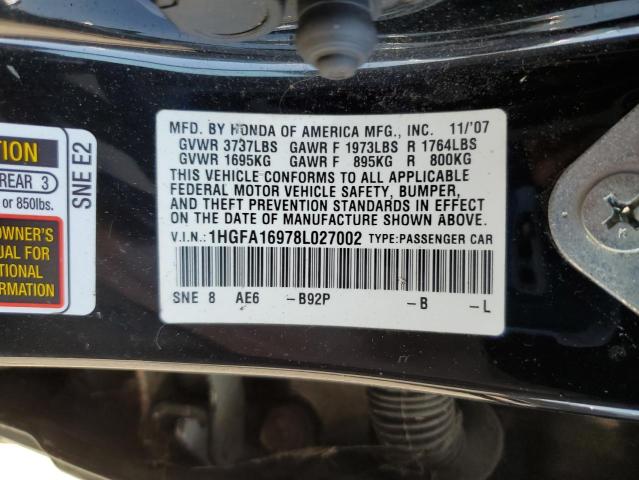 1HGFA16978L027002 - 2008 HONDA CIVIC EXL BLACK photo 12