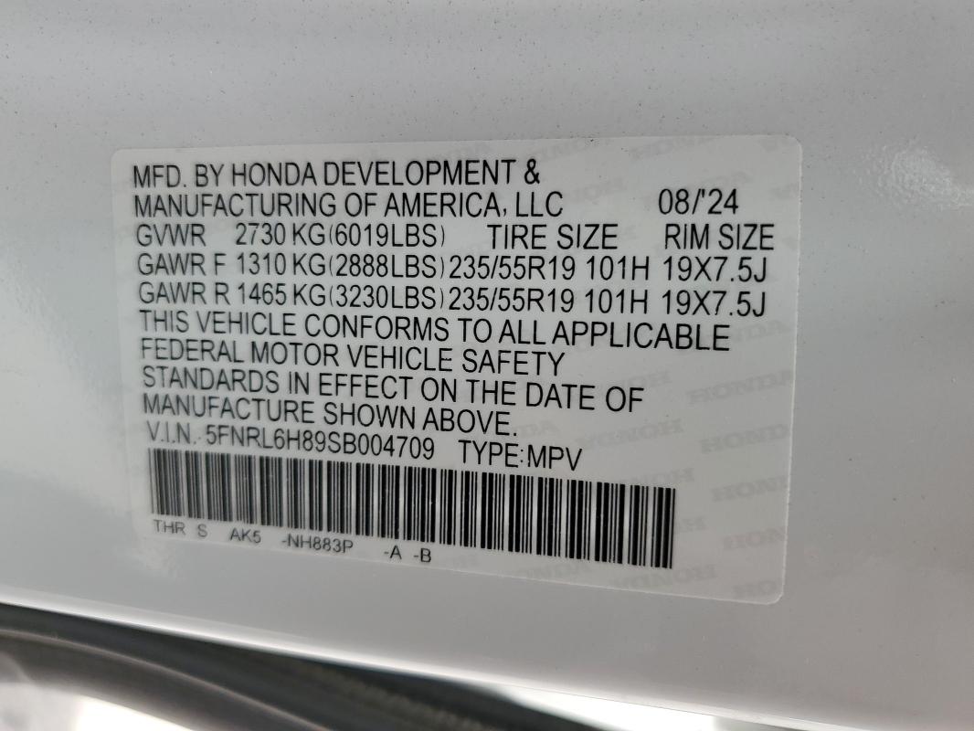 5FNRL6H89SB004709 - 2025 HONDA ODYSSEY TOURING WHITE photo 13