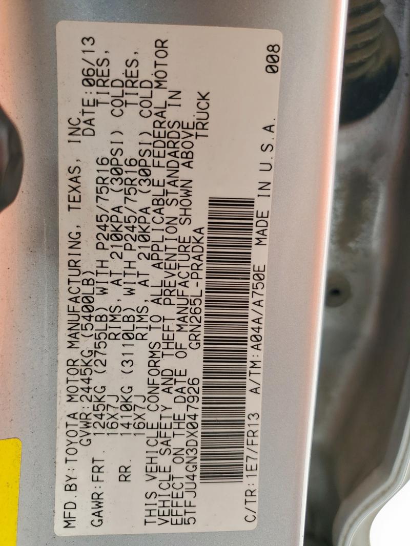 5TFJU4GN3DX047926 - 2013 TOYOTA TACOMA DOUBLE CAB PRERUNNER SILVER photo 12