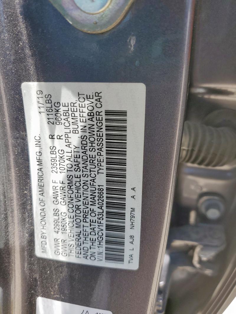 1HGCV1F53LA026681 - 2020 HONDA ACCORD EXL ნაცრისფერი ფოტო 12