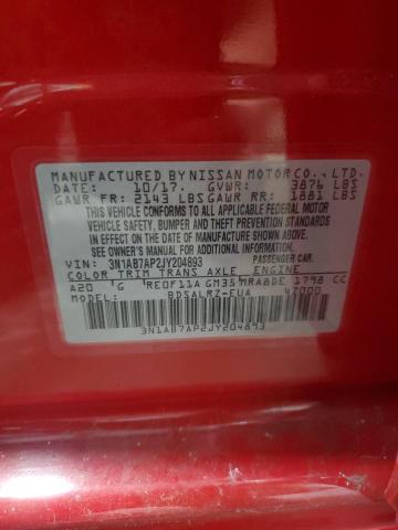 3N1AB7AP2JY204893 - 2018 NISSAN SENTRA S RED photo 12