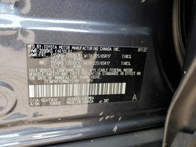 2T3W1RFV3NW215194 - 2022 TOYOTA RAV4 XLE GRAY photo 14