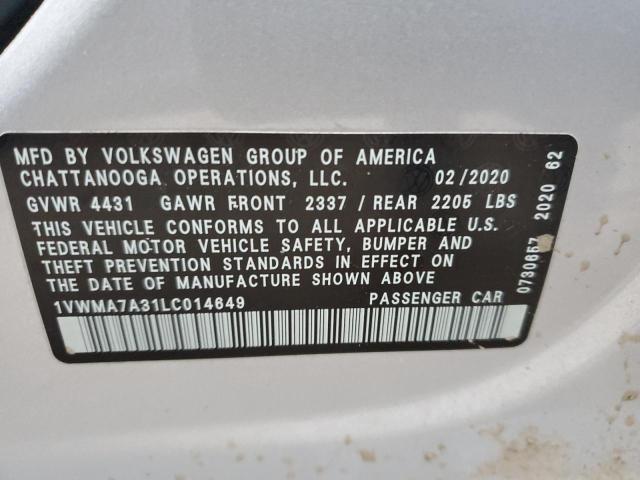 1VWMA7A31LC014649 - 2020 VOLKSWAGEN PASSAT R-LINE Gümüş foto 10
