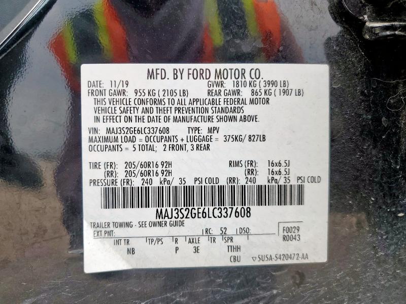 MAJ3S2GE6LC337608 - 2020 FORD ECOSPORT SE BLACK photo 13