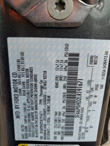 3FA6P0HD2LR191671 - 2020 FORD FUSION SE GRAY photo 12