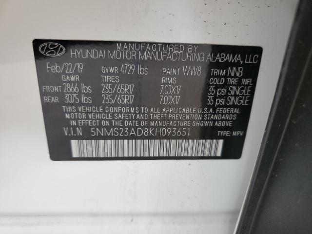 5NMS23AD8KH093651 - 2019 HYUNDAI SANTA FE SE WHITE photo 13