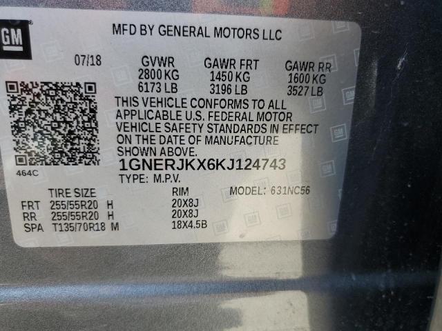 1GNERJKX6KJ124743 - 2019 CHEVROLET TRAVERSE RS GRAY photo 13