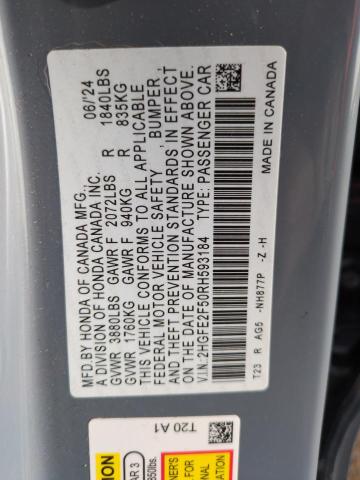 2HGFE2F50RH593184 - 2024 HONDA CIVIC SPORT 银色 照片 12