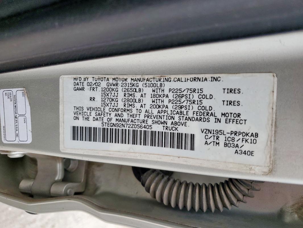 5TEGN92N72Z056405 - 2002 TOYOTA TACOMA DOUBLE CAB PRERUNNER GRAY photo 12