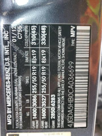 4JGDA5HB0CA036699 - 2012 MERCEDES-BENZ ML 350 4MATIC GRAY photo 12