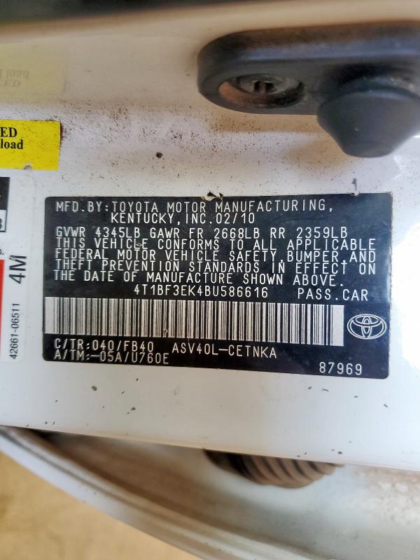 4T1BF3EK4BU586616 - 2011 TOYOTA CAMRY BASE Սպիտակ լուսանկար 13