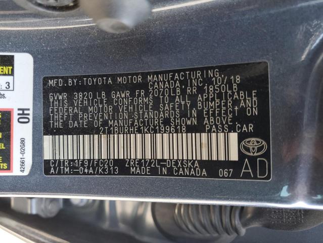 2T1BURHE1KC199618 - 2019 TOYOTA COROLLA L BLUE photo 13