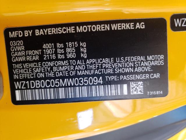 WZ1DB0C05MW035094 - 2021 TOYOTA SUPRA BASE YELLOW photo 12