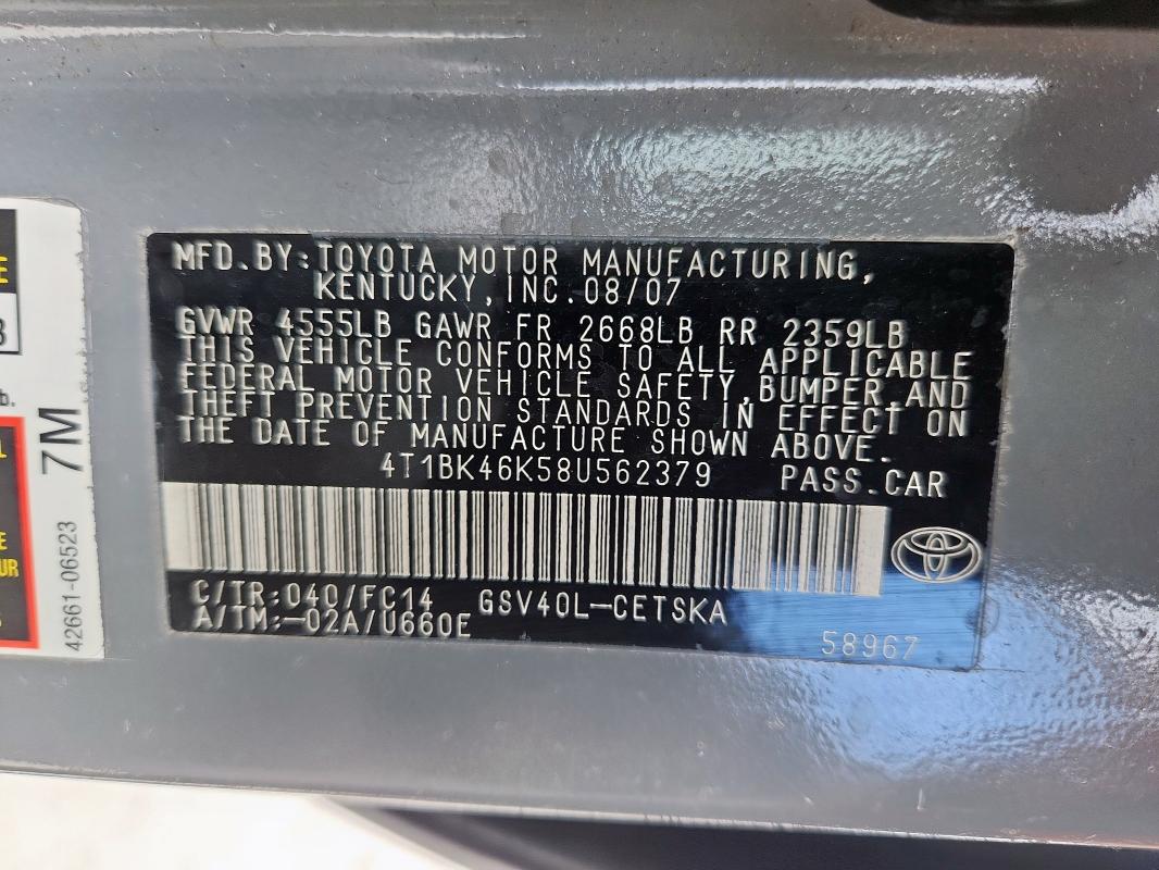 4T1BK46K58U562379 - 2008 TOYOTA CAMRY LE GRAY photo 12