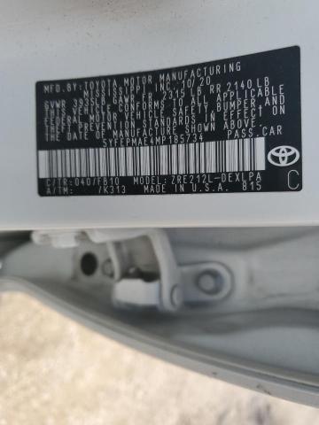 5YFEPMAE4MP185734 - 2021 TOYOTA COROLLA LE WHITE photo 12