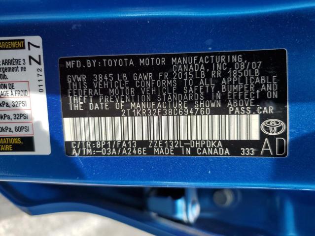 2T1KR32E38C694760 - 2008 TOYOTA COROLLA MA XR BLUE photo 12