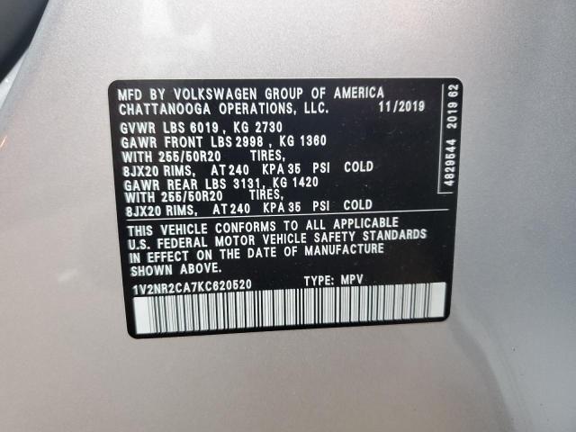 1V2NR2CA7KC620520 - 2019 VOLKSWAGEN ATLAS SEL PREMIUM Gümüş fotoğraf 13