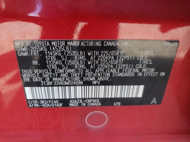 2T3BF33V69W024098 - 2009 TOYOTA RAV4 RED photo 12