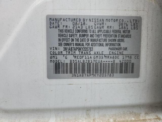 3N1AB7AP9KY205783 - 2019 NISSAN SENTRA S თეთრი ფოტო 13