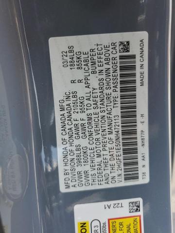 2HGFE1E50NH472113 - 2022 HONDA CIVIC SI GRAY photo 12