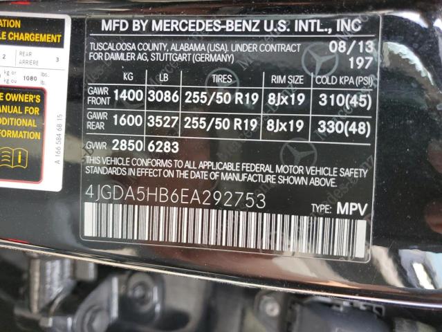 4JGDA5HB6EA292753 - 2014 MERCEDES-BENZ ML 350 4MATIC BLACK photo 12