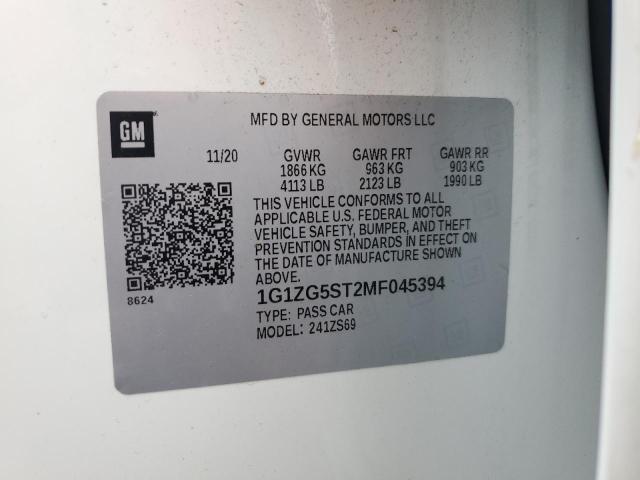 1G1ZG5ST2MF045394 - 2021 CHEVROLET MALIBU RS WHITE photo 12