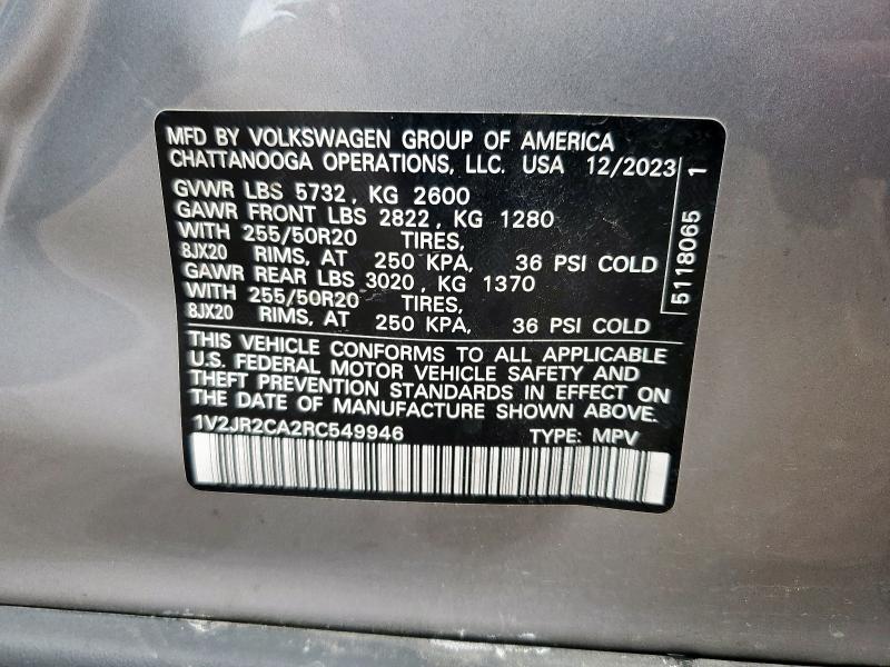 1V2JR2CA2RC549946 - 2024 VOLKSWAGEN ATLAS SE ვერცხლისფერი ფოტო 13