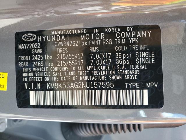 KM8K53AG2NU157595 - 2022 HYUNDAI KONA LIMITED GRAY photo 12