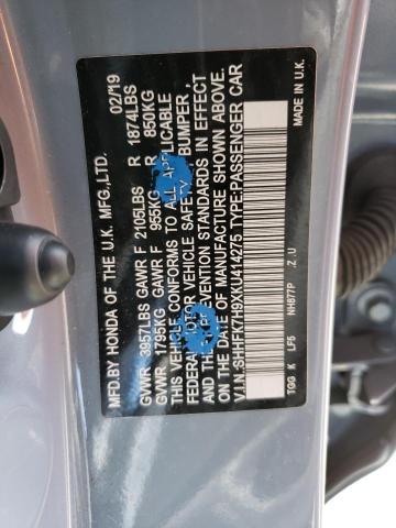 SHHFK7H9XKU414275 - 2019 HONDA CIVIC SPORT TOURING BLUE photo 12