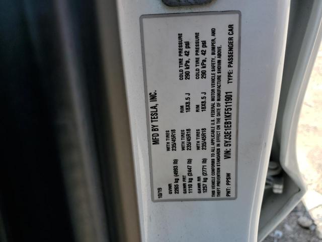 5YJ3E1EB1KF511901 - 2019 TESLA MODEL 3 Սպիտակ լուսանկար 13