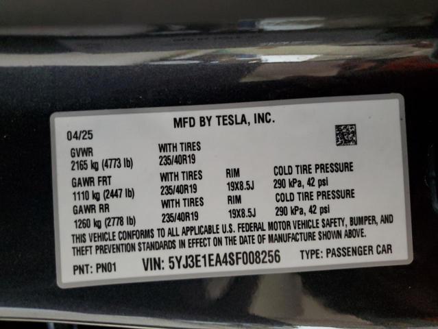 5YJ3E1EA4SF008256 - 2025 TESLA MODEL 3 GRAY photo 12